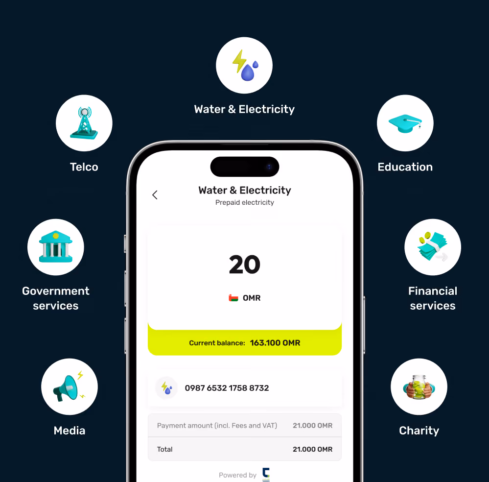 Mobile screen showing prepaid water and electricity payment of 20 OMR with service categories around it.