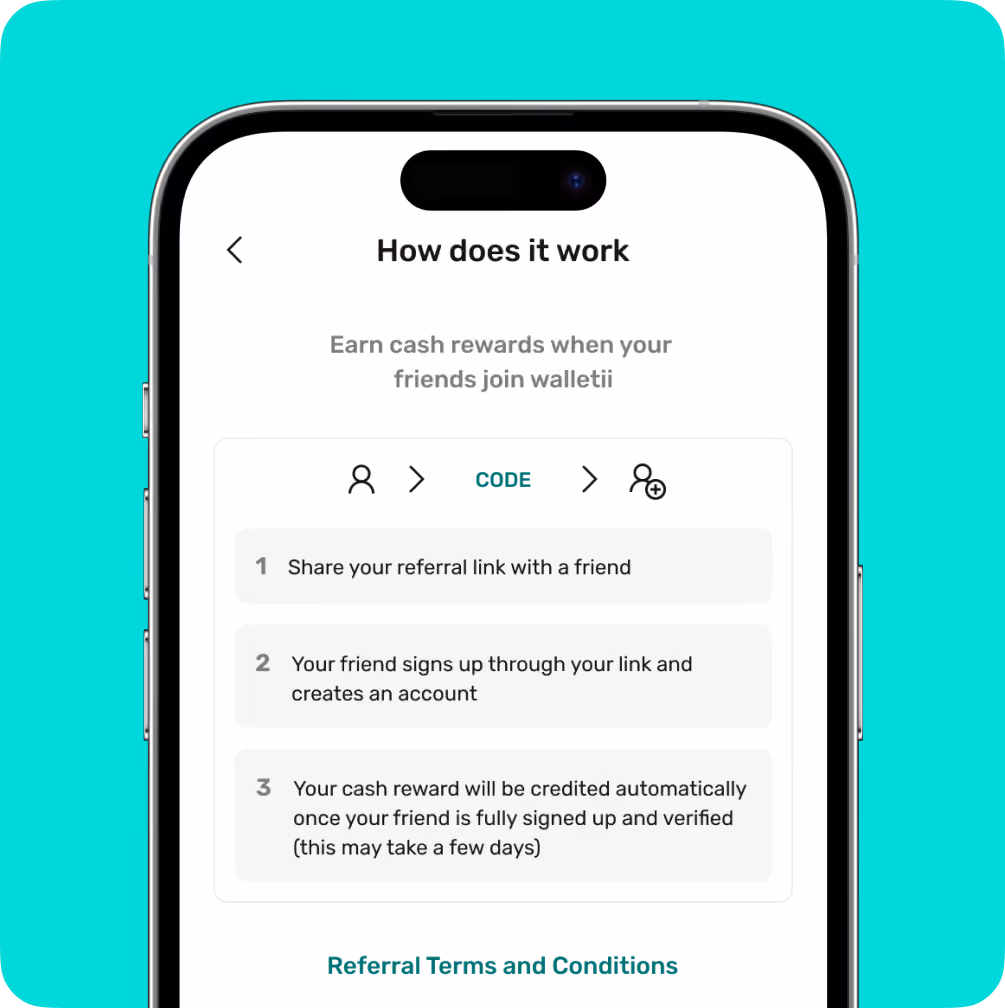 Phone screen explaining referral steps: share link, friend signs up, earn cash reward after verification.