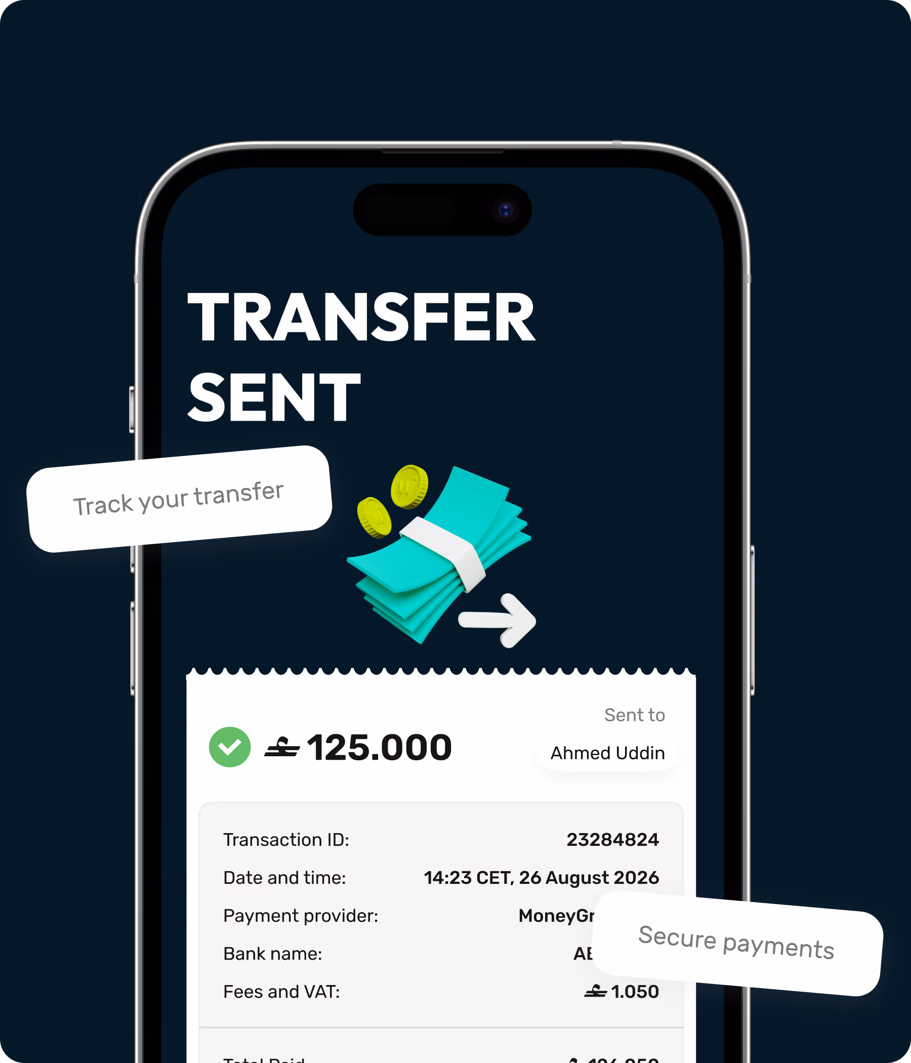 Phone screen shows money transfer of 125.000 sent to Ahmed Uddin with transaction details.
