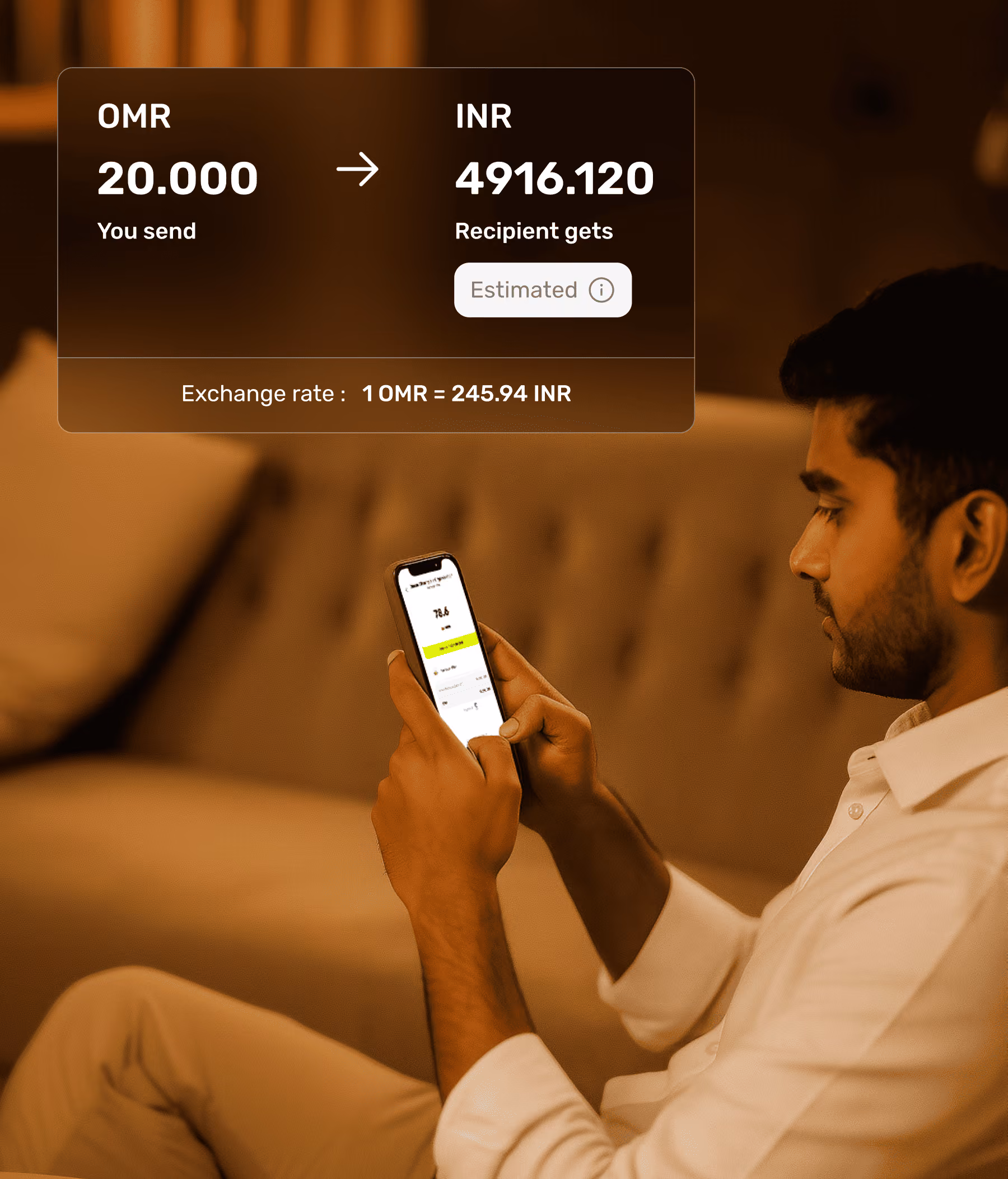 Man using smartphone with currency exchange of 20 OMR to 4916.120 INR and rate 1 OMR = 245.94 INR displayed.
