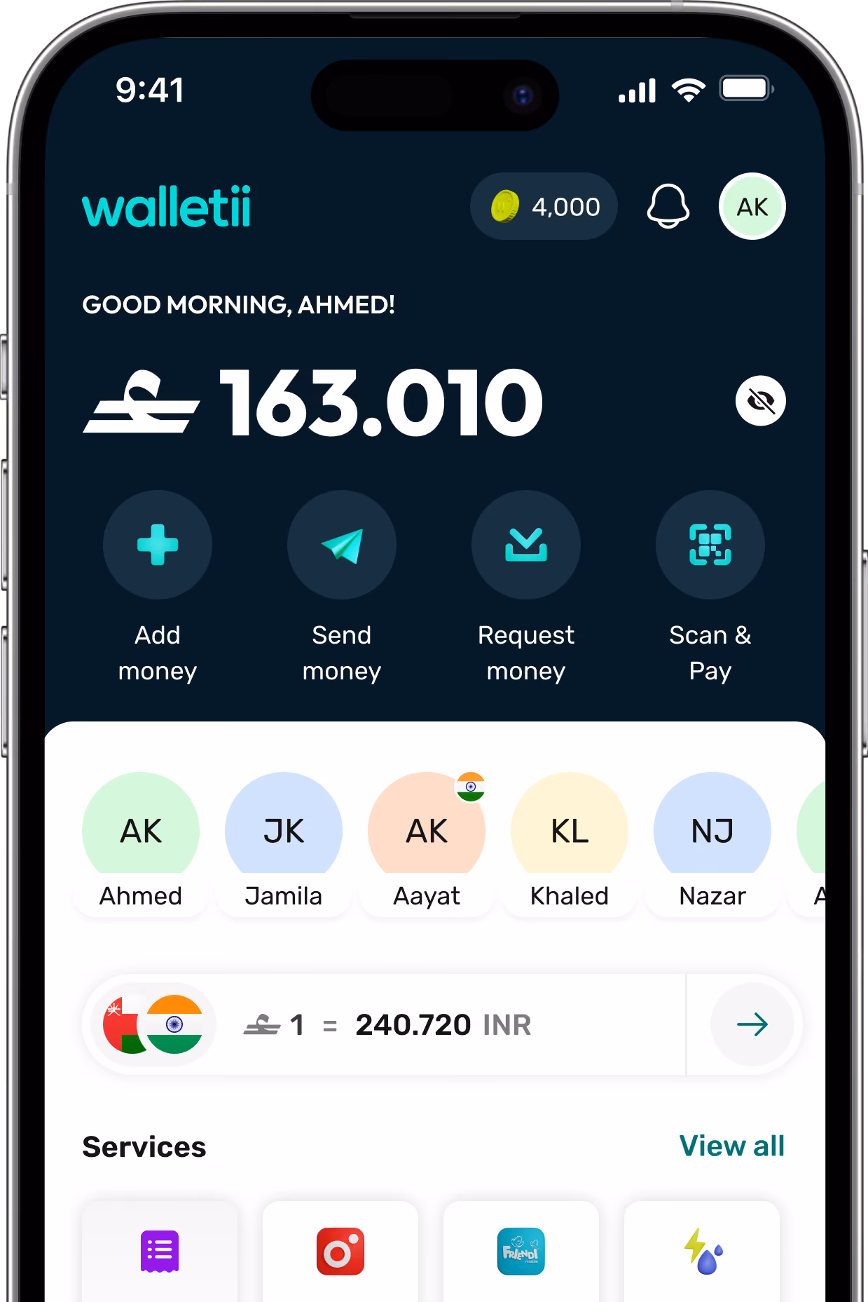 Mobile wallet app showing balance 163.010 with options to add, send, request money, and scan to pay.