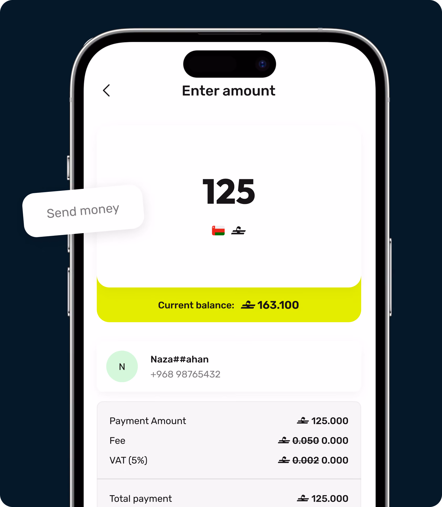 Mobile screen showing money transfer of 125 Omani rials with zero fee and VAT to contact Naza.