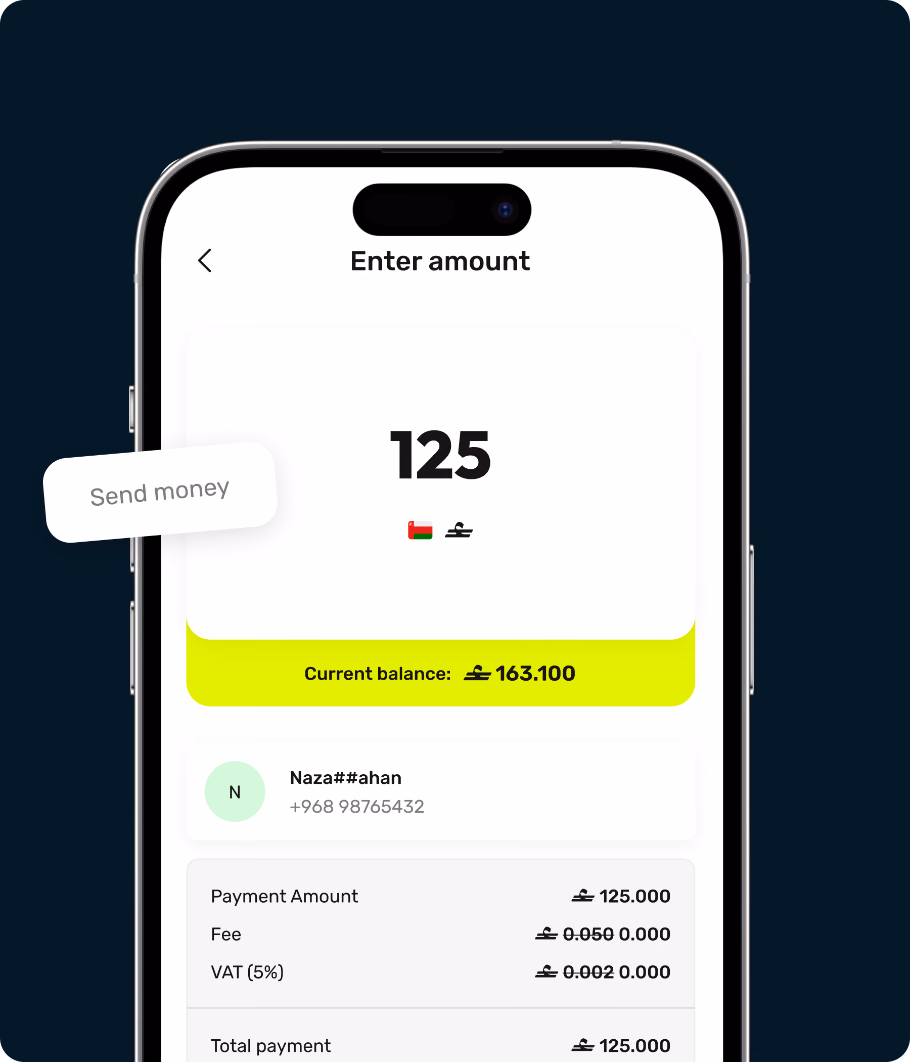 Mobile screen showing a money transfer app with an amount of 125 OMR to a contact named Naza##ahan.