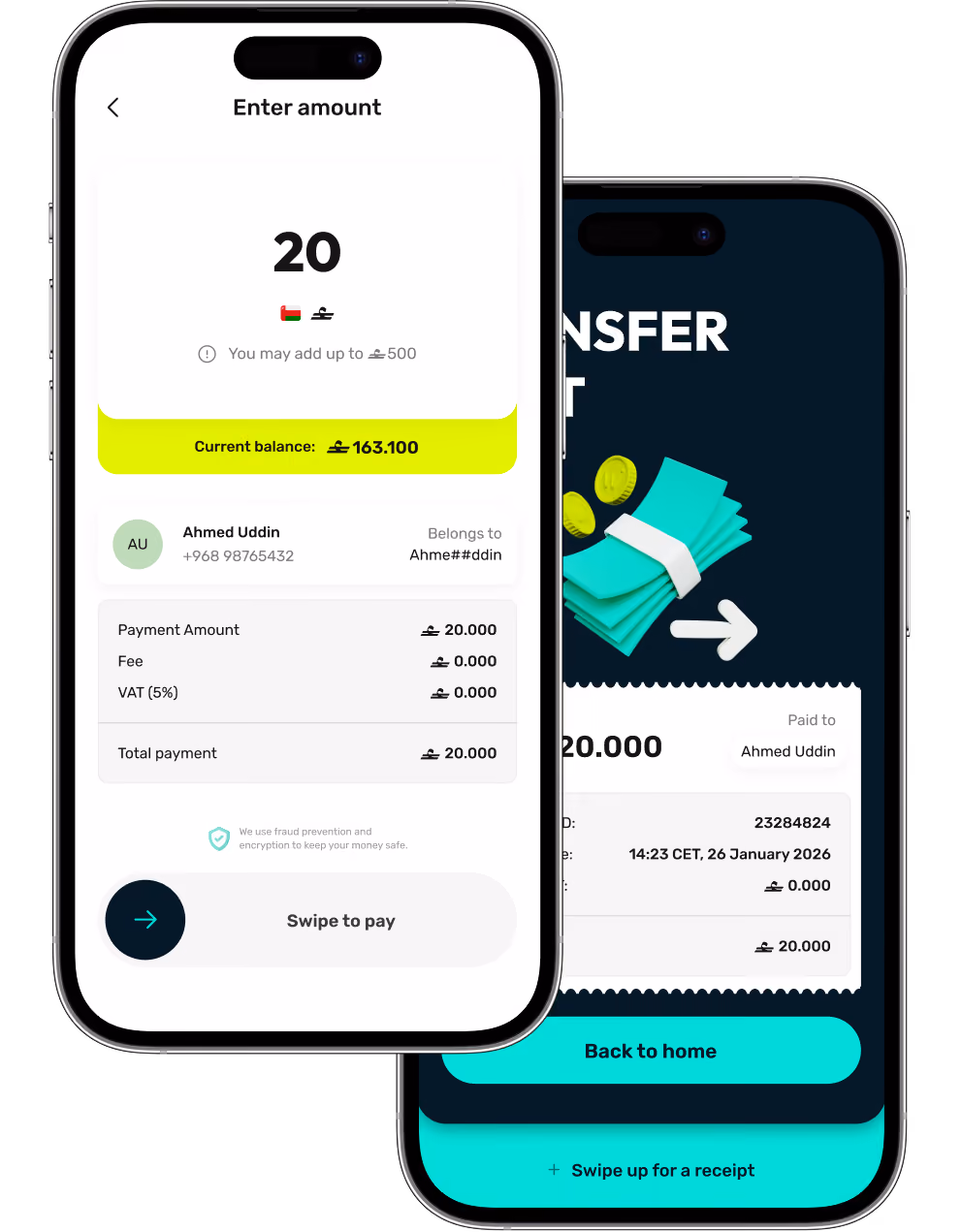 Mobile app screen showing payment entry for 20 Omani rials to Ahmed Uddin with swipe to pay option.