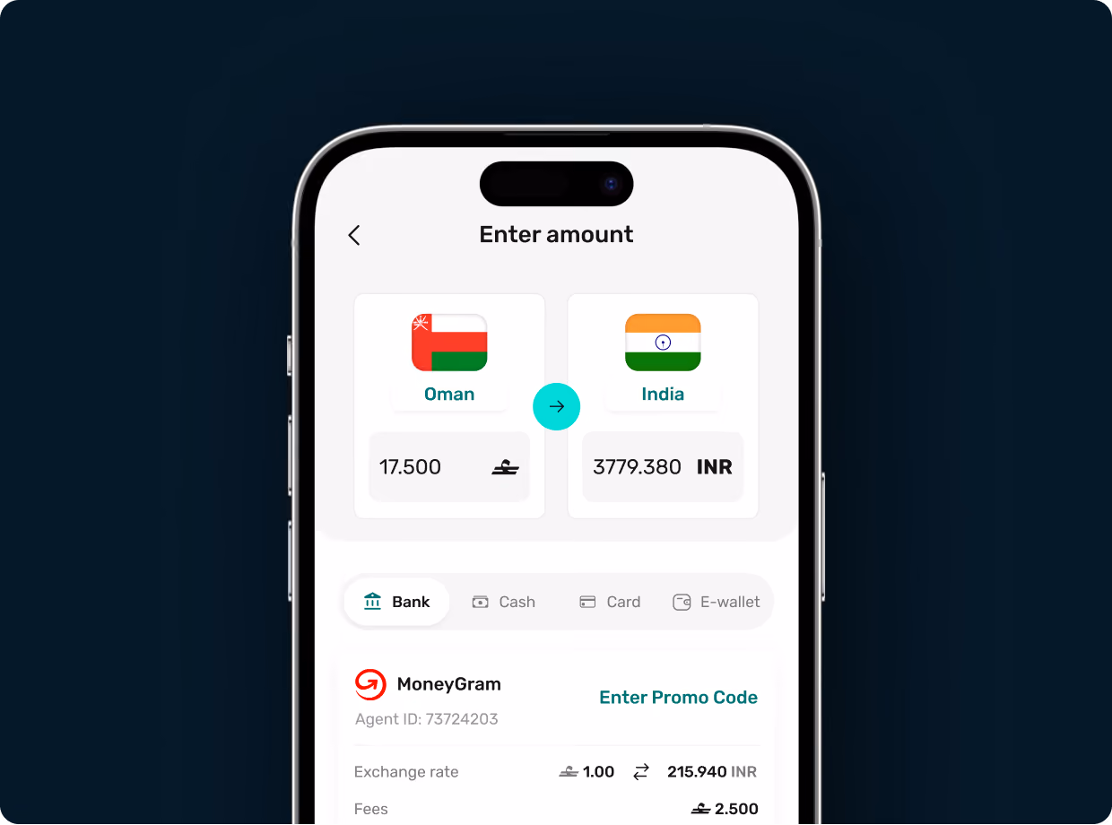 Phone screen showing money transfer from Oman to India with amount and exchange rate details.