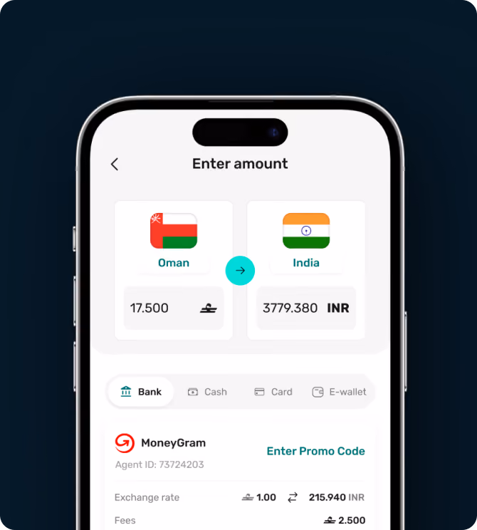 Mobile screen showing money transfer from Oman 17.5 to India 3779.38 INR with MoneyGram and bank option.