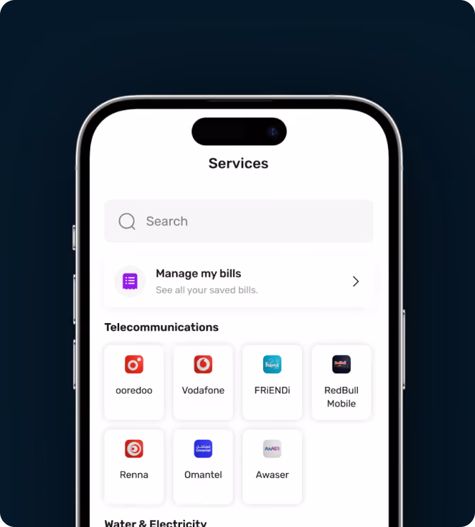 Mobile screen showing services menu with telecommunications options like Vodafone, ooredoo, and RedBull Mobile apps.