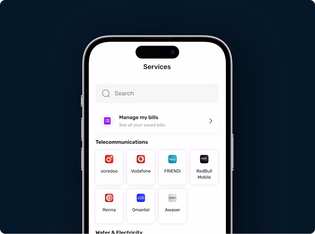 Mobile app screen showing 'Manage my bills' and telecom services like Vodafone, Ooredoo, Omantel icons.