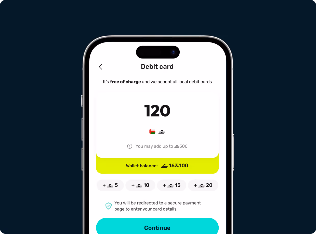 Mobile screen showing debit card top-up with balance and options to add amounts in local currency.