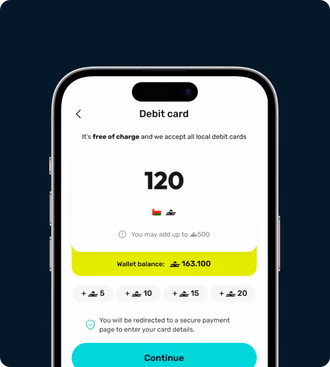 Mobile screen showing debit card top-up interface with balance, amount options, and a continue button.