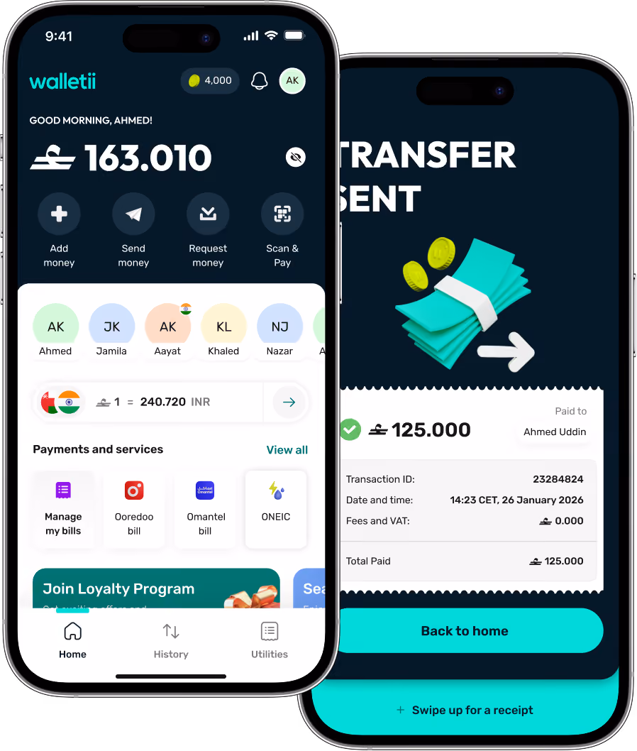 Home and successful payment screens
