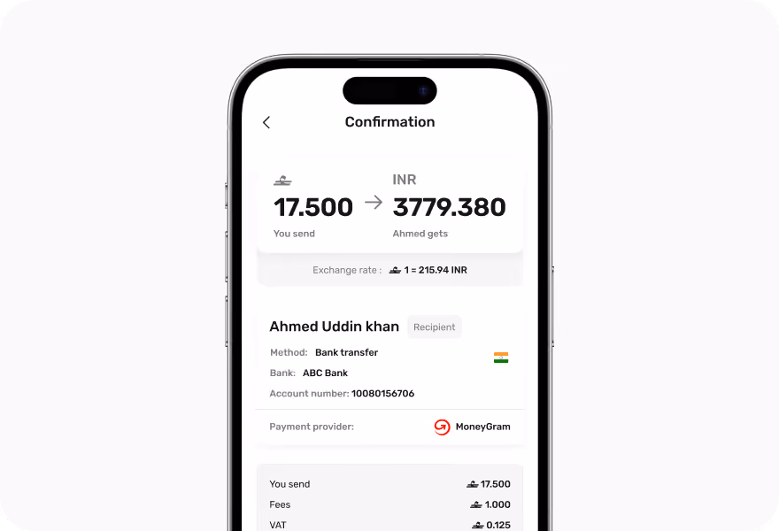 International payment confirmation screen with FX rate