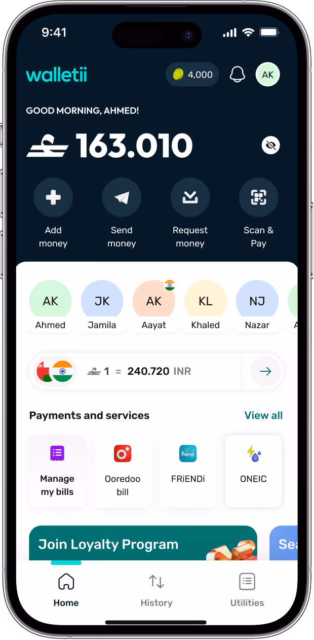 Mobile wallet app screen showing balance, user icons, currency exchange, and payment service options.