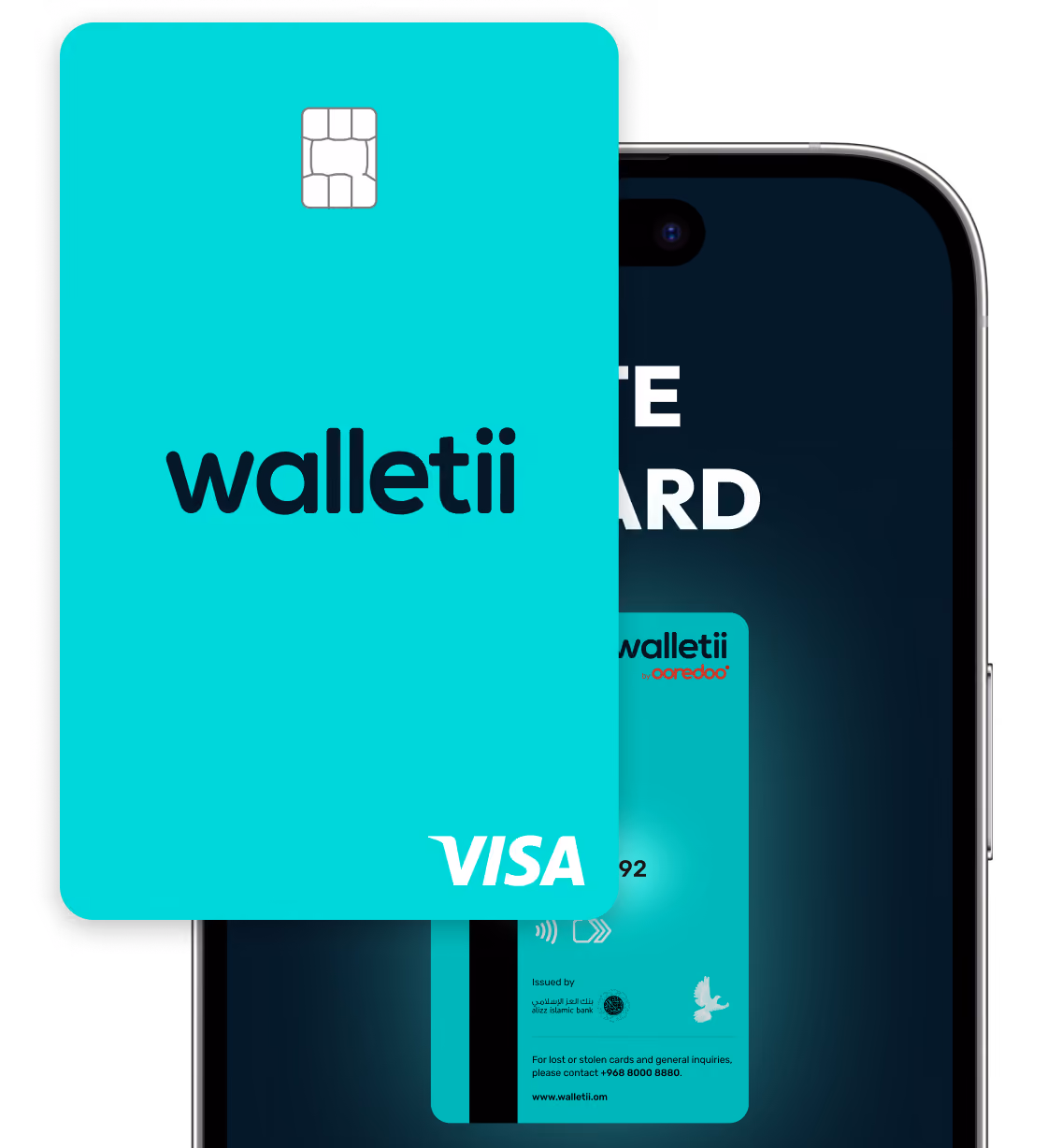 Turquoise walletii Visa card with chip partially obscuring a phone screen.
