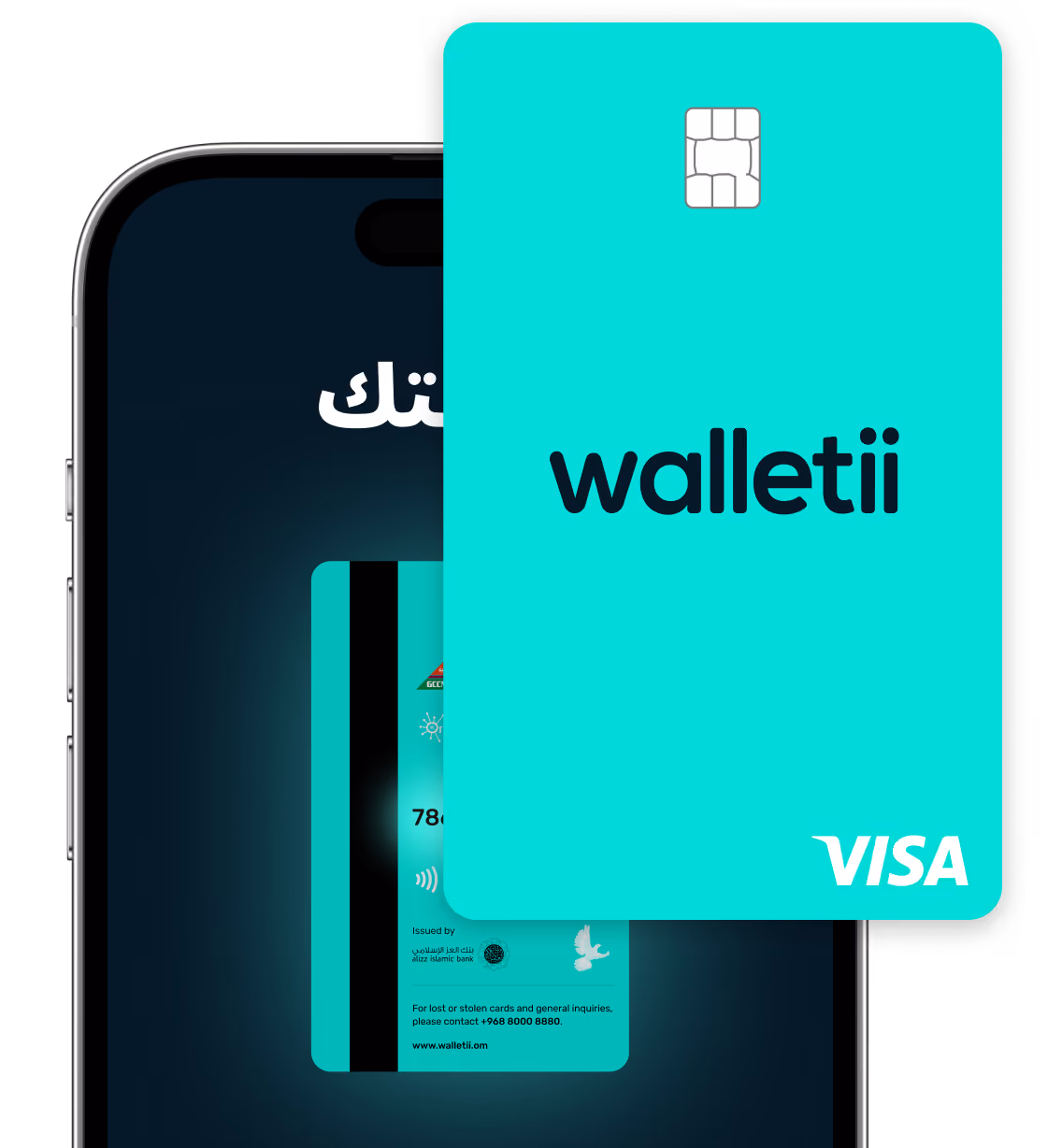 A teal Walletii Visa card partially covering a smartphone screen showing the card's back side.