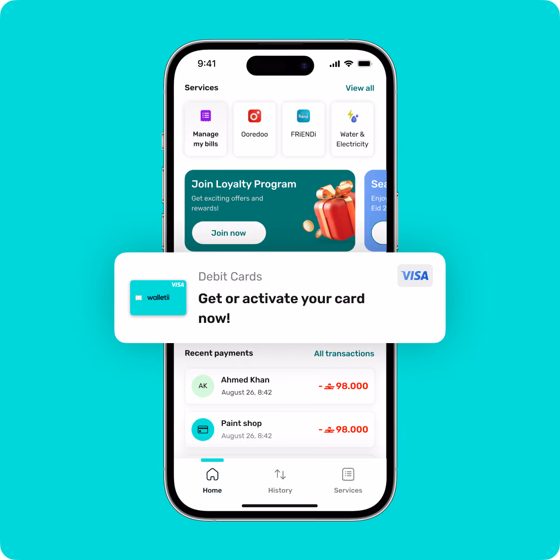 Mobile screen showing app to manage bills, join loyalty program, and activate debit card with recent payments listed.