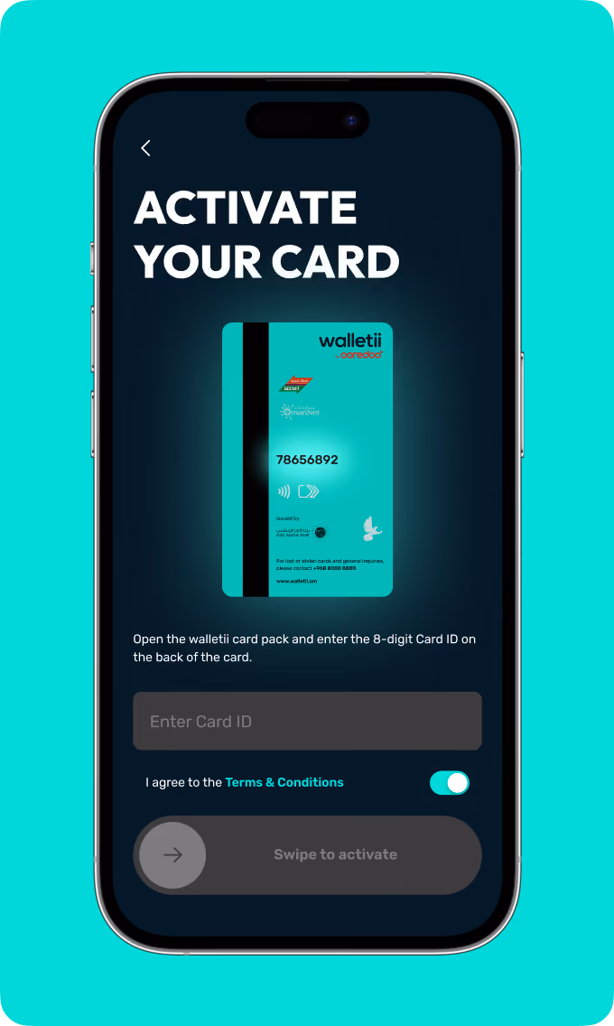 Smartphone screen showing walletii card activation with Card ID entry and terms agreement toggle.