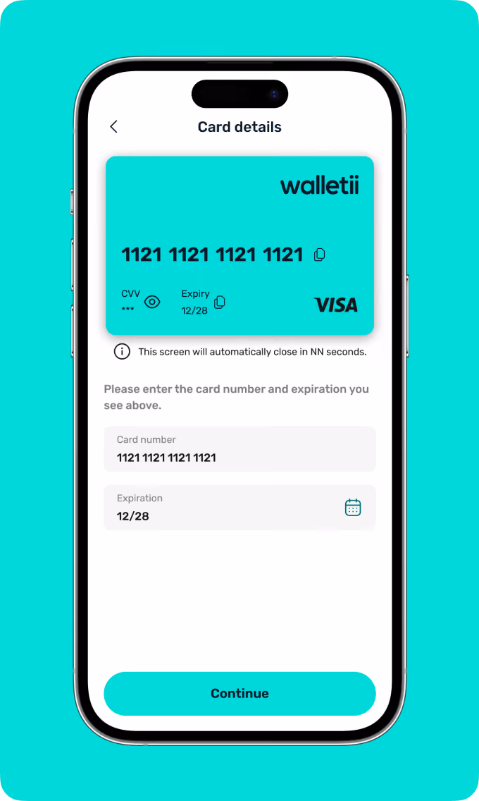 Mobile screen displaying card details with card number, expiration date entry, and a continue button.