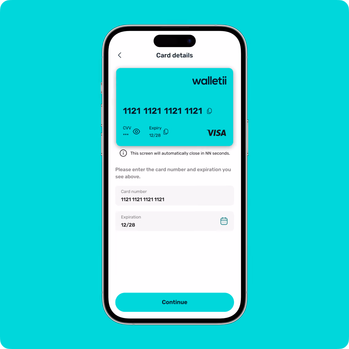 Smartphone screen showing card details with card number 1121 repeated and expiry 12/28 for VISA walletii.