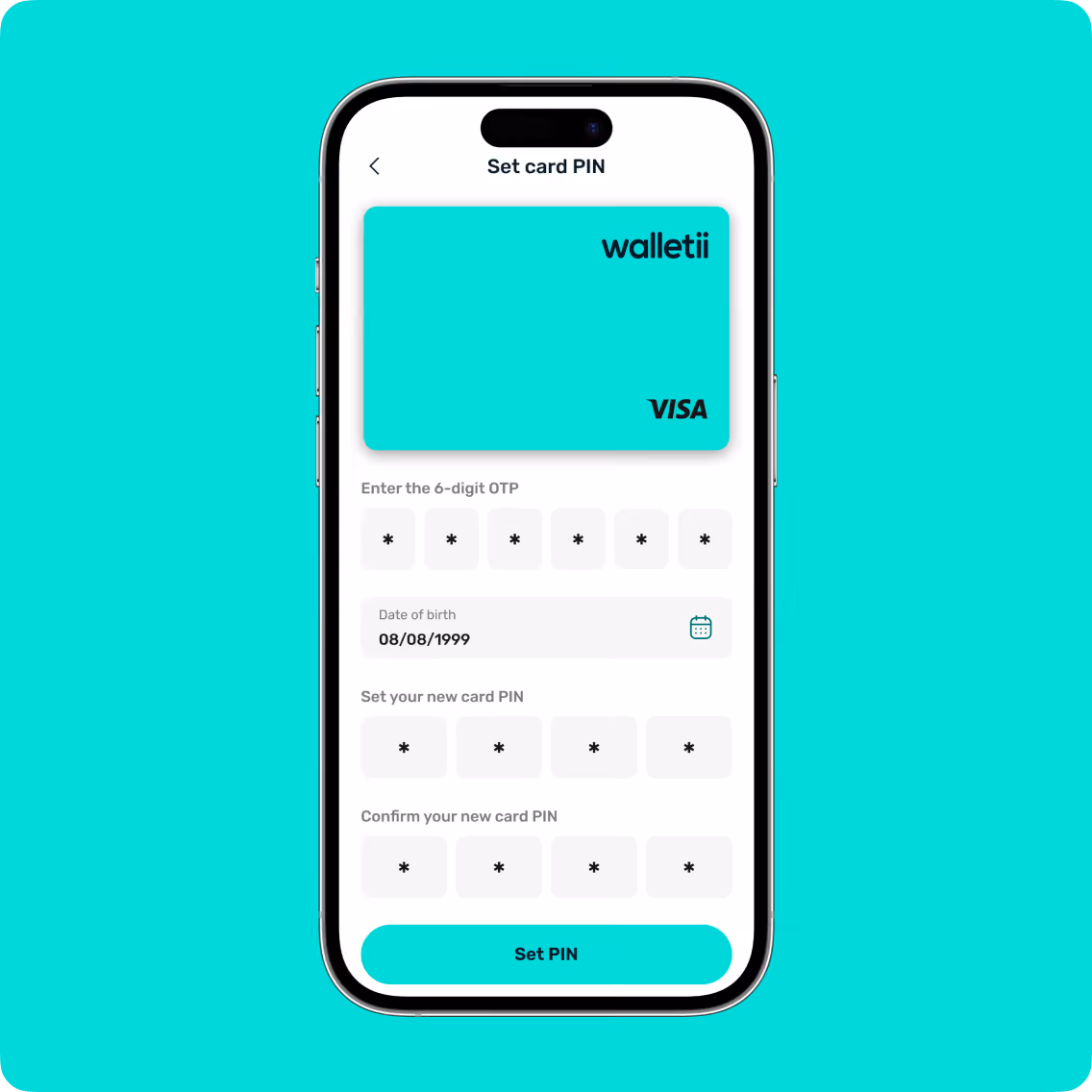 Smartphone screen showing Walletii app interface to set a new 4-digit card PIN with OTP verification.