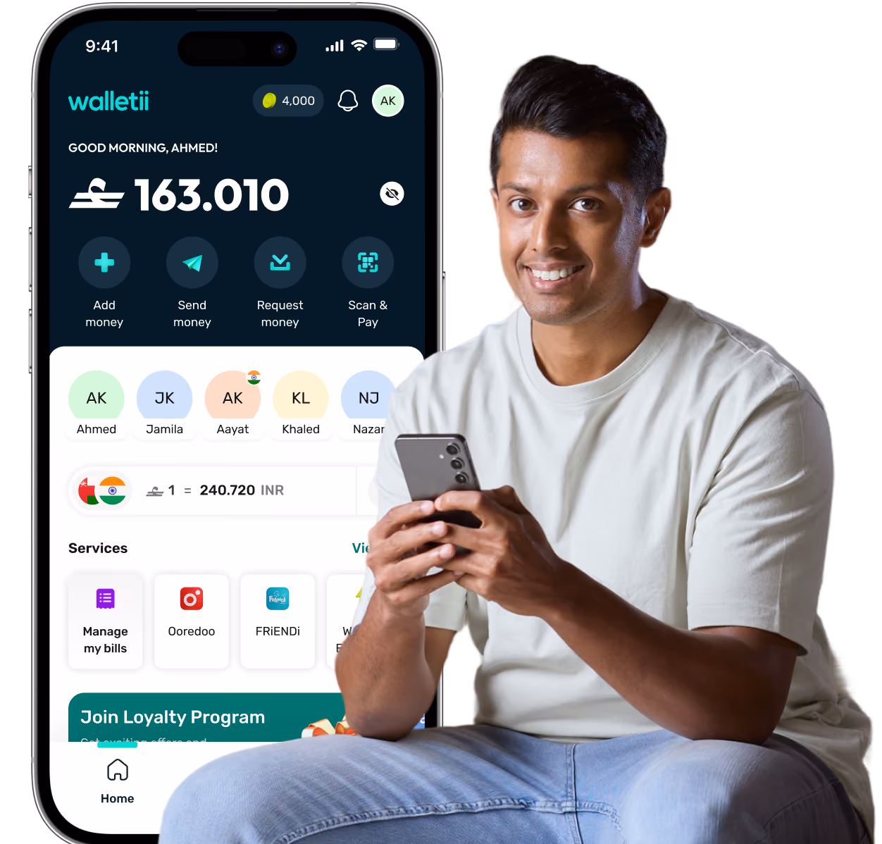 Man smiling while holding a phone sits next to a phone screen showing Walletii app balance and money transfer options.