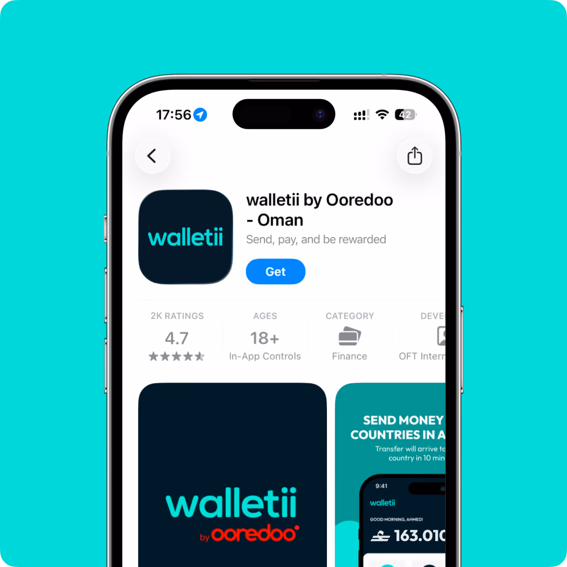 App store page for Walletii by Ooredoo Oman, finance app with 4.7 stars and age rating 18+.