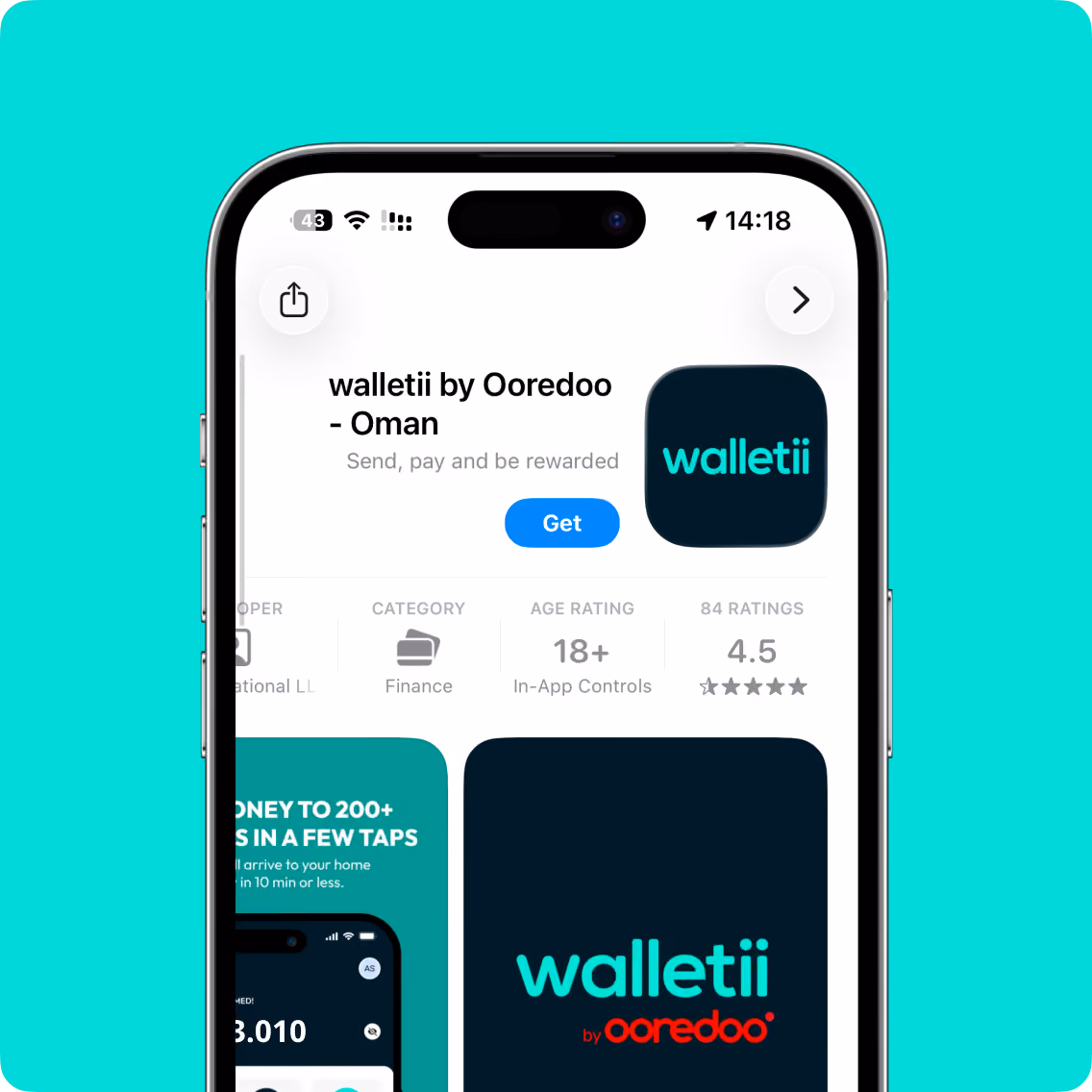 شاشة هاتف تعرض تطبيق Walletii من Ooredoo Oman بتقييم 4.5، فئة المالية، التصنيف العمري 18+.