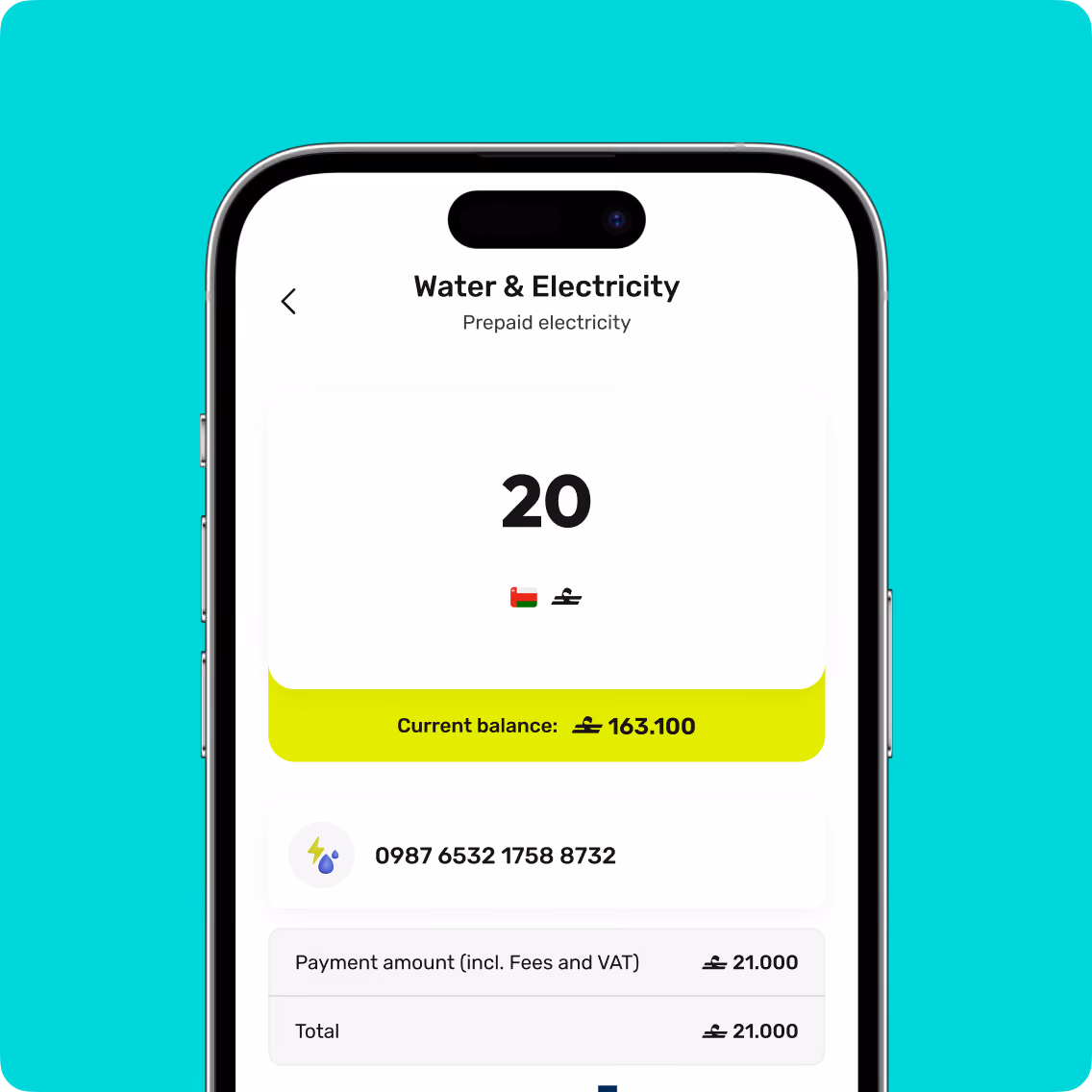 Mobile screen showing prepaid electricity payment with balance and transaction details in local currency.