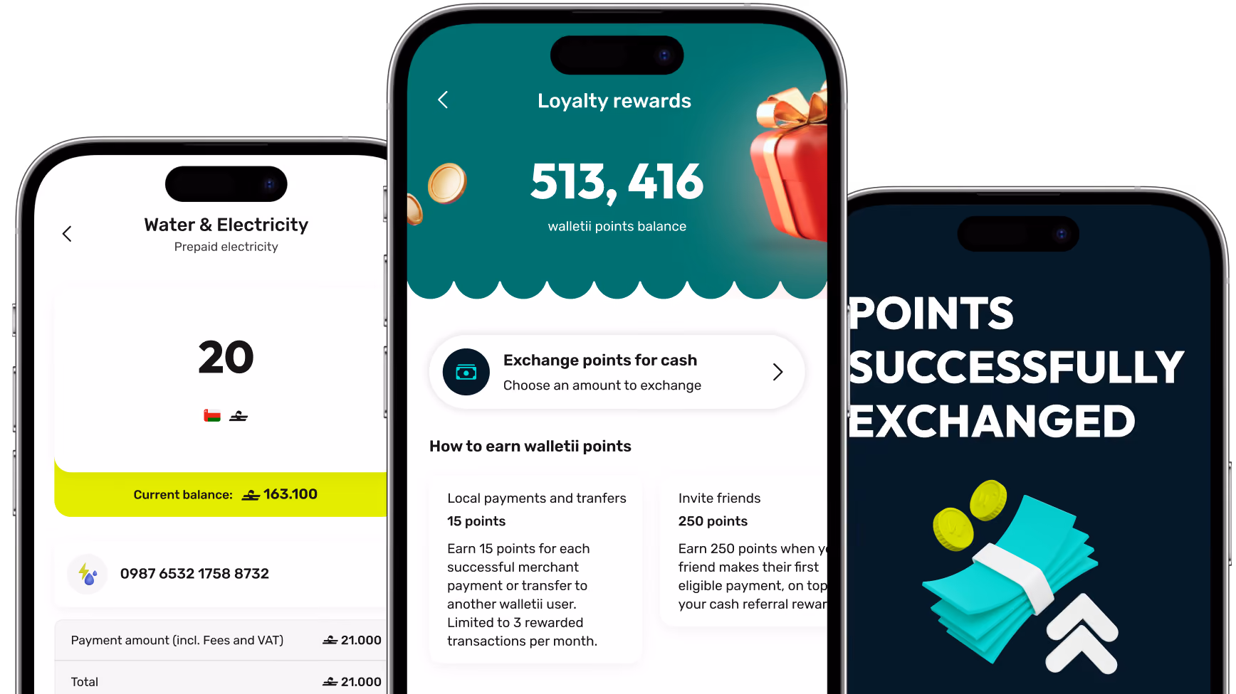 Three smartphones showing walletii app screens for prepaid electricity, loyalty points, and points exchange.