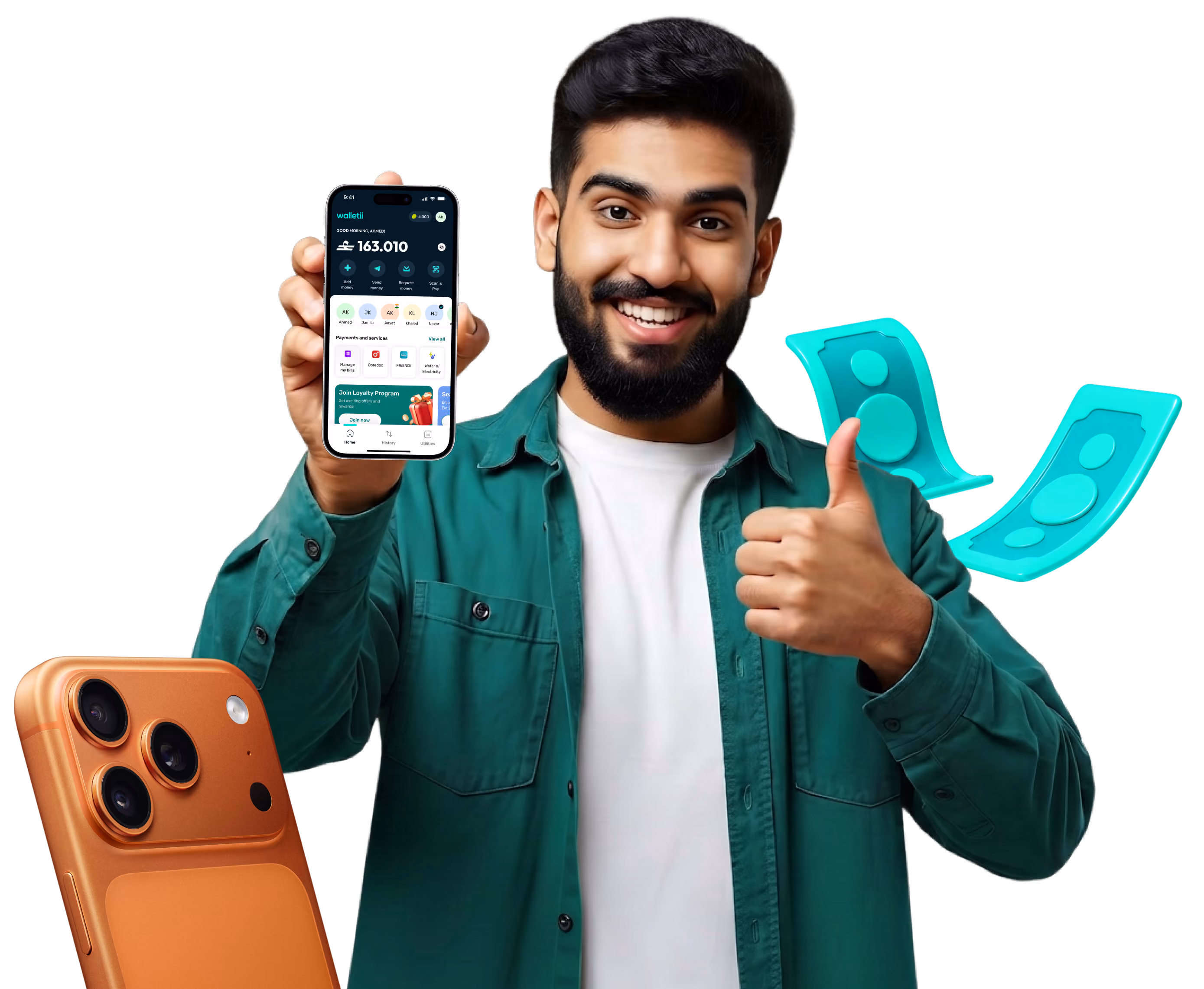 Smiling man holding phone showing a digital wallet app and giving a thumbs up with floating money icons.