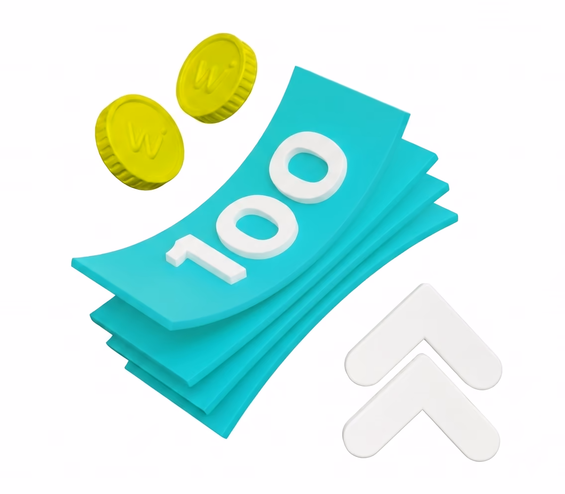 Stack of teal bills labeled 100, two yellow coins, and two upward white arrows.