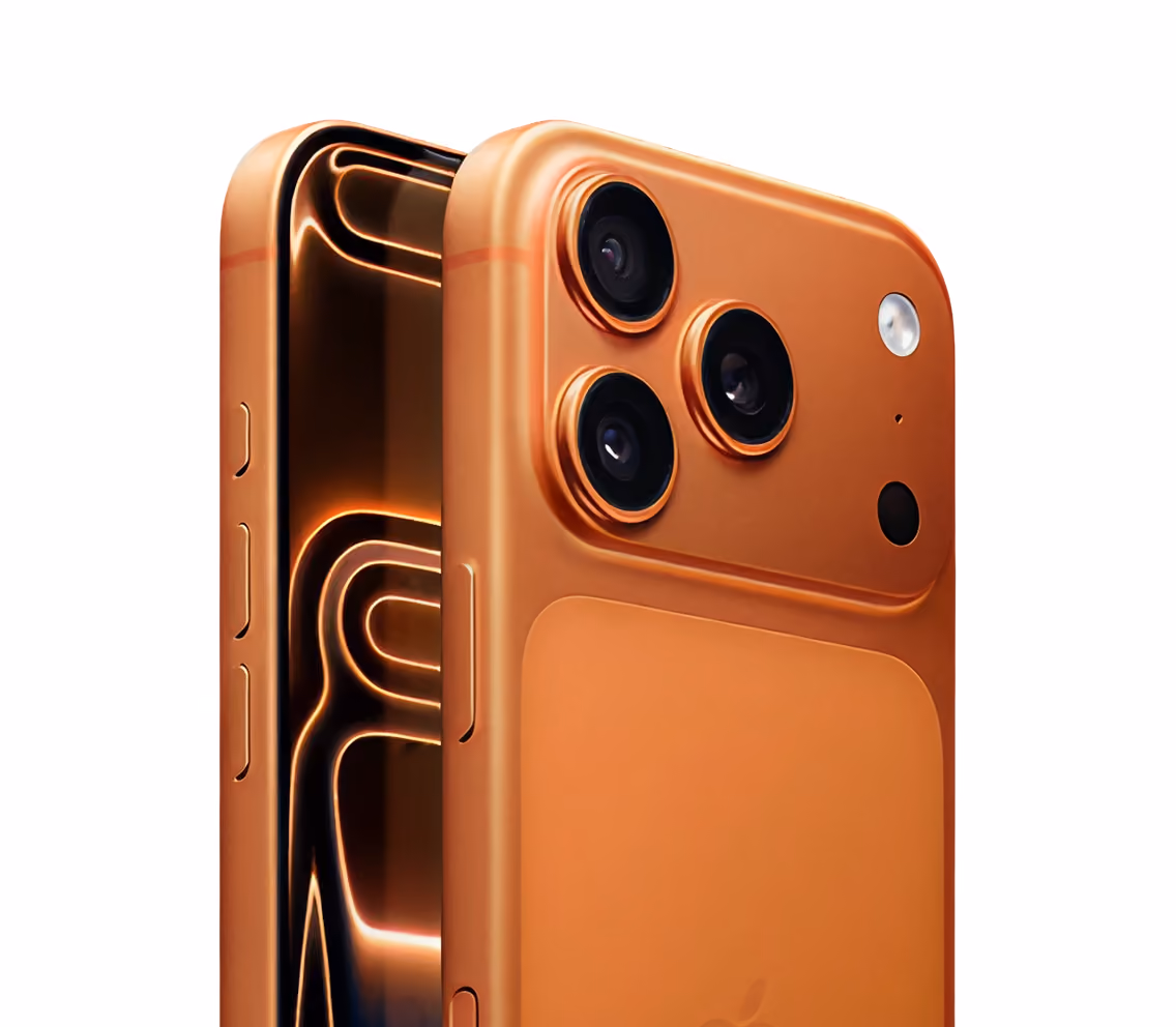 Orange smartphone showing rear triple cameras and side buttons.