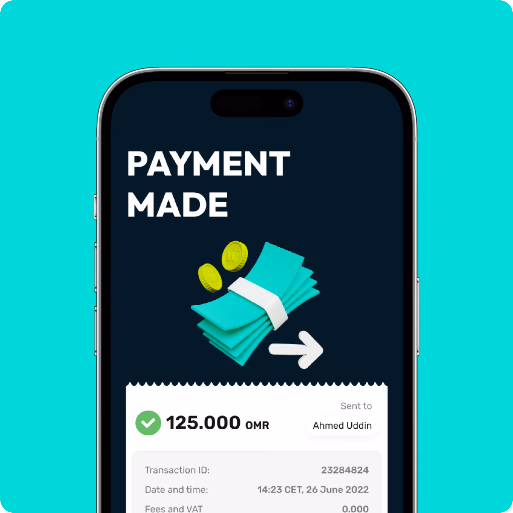 Phone screen showing payment made of 125.000 OMR sent to Ahmed Uddin with transaction details.