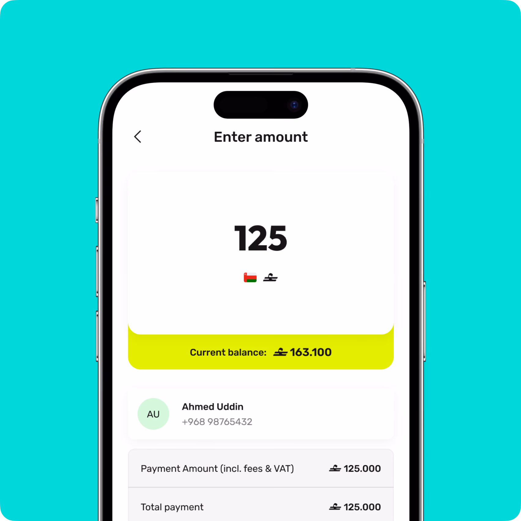 Mobile screen showing a payment app with 125 Omani Rial entered to pay Ahmed Uddin, balance 163.100.