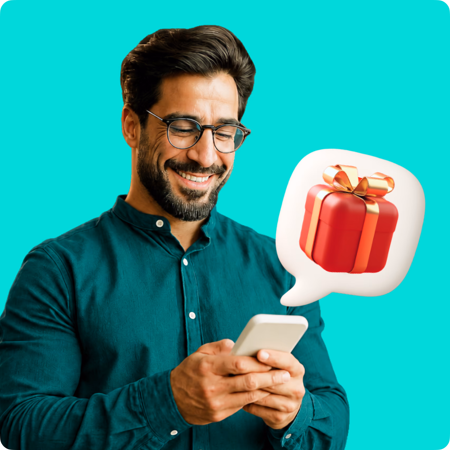 Smiling man in glasses holding phone with a gift box emoji in a speech bubble on blue background.