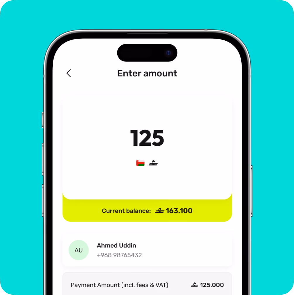 Mobile screen showing payment entry with 125 Omani rial, current balance 163.100, and recipient Ahmed Uddin.