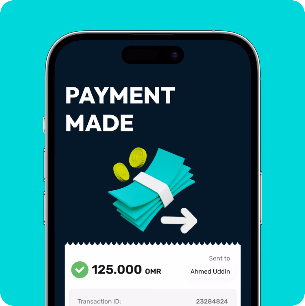 Smartphone screen showing a successful payment of 125.000 OMR sent to Ahmed Uddin.