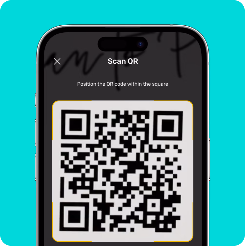 Smartphone screen showing a QR code inside a yellow square with the instruction to position the code.