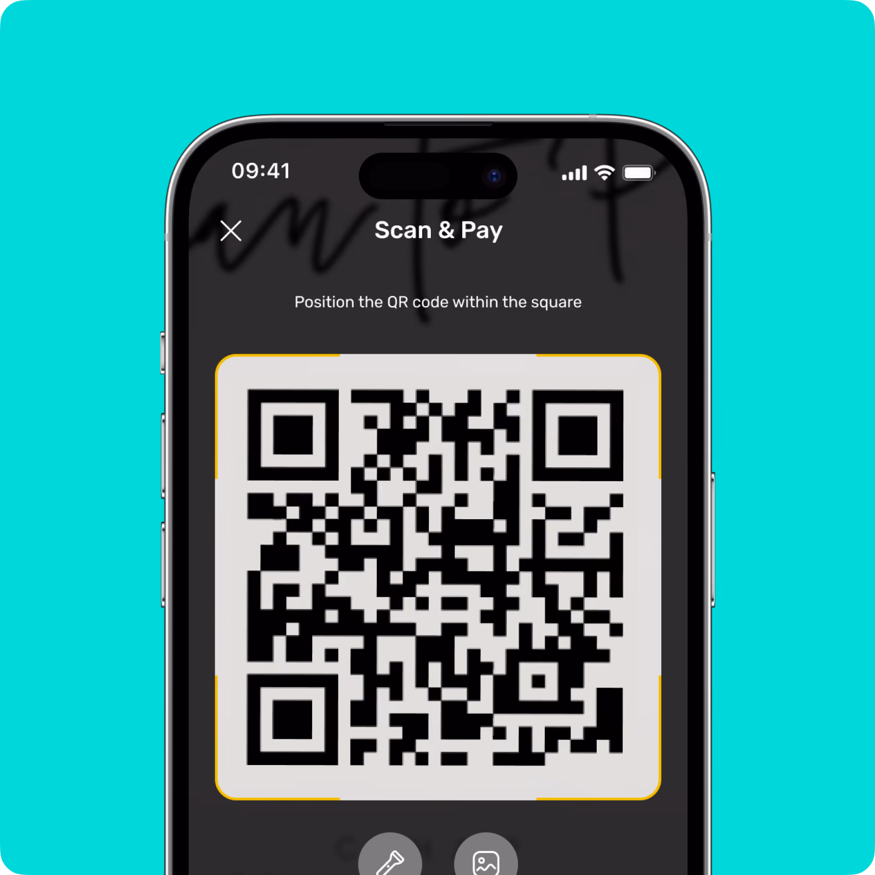 Smartphone screen showing Scan & Pay with a QR code to position inside the square.