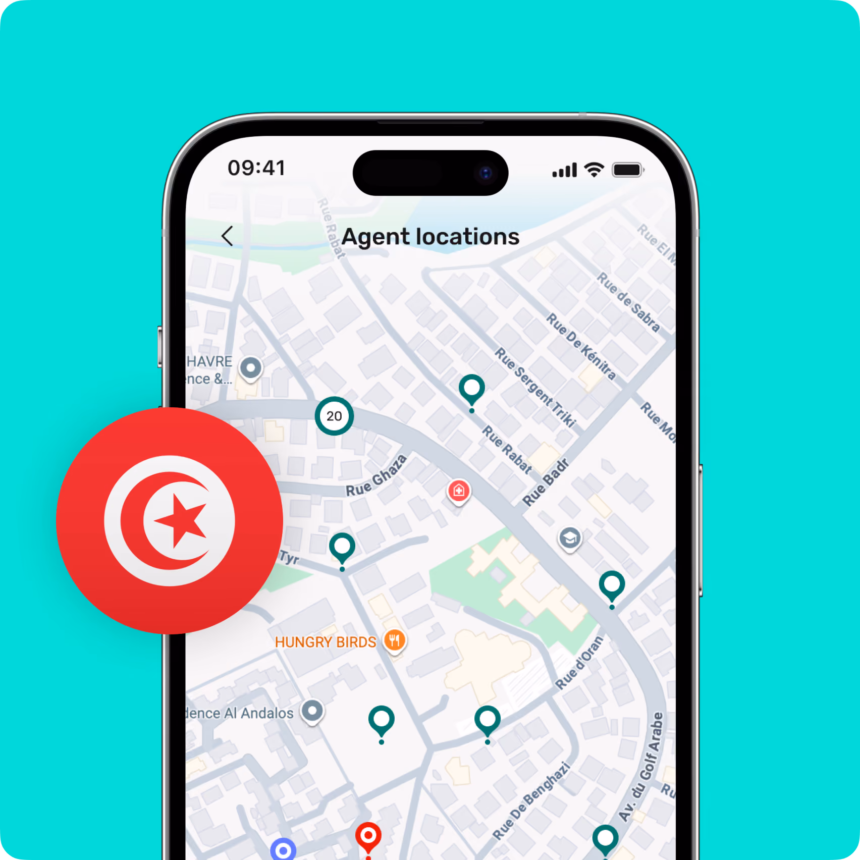 Smartphone screen shows map with agent locations pinned in a Tunisian city neighborhood.