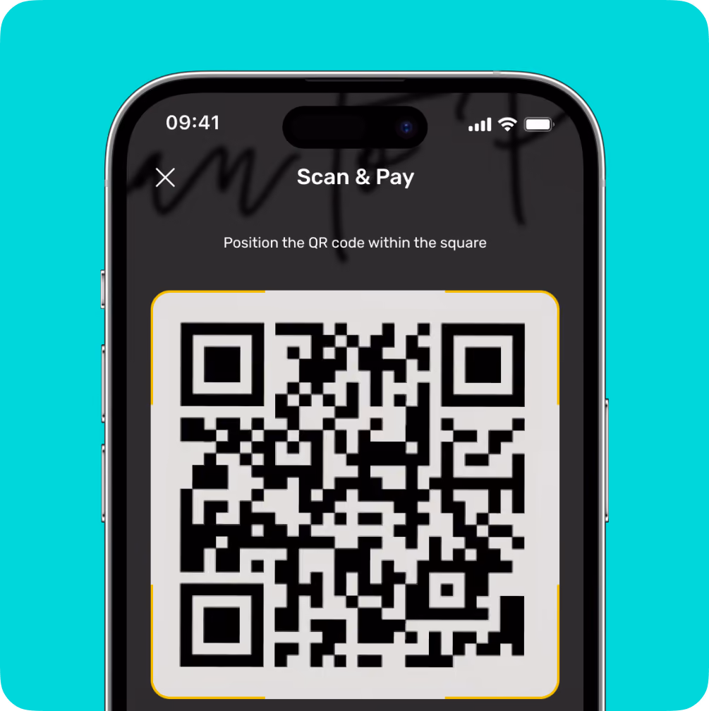 Smartphone screen showing a scan and pay interface with a QR code inside a yellow square.