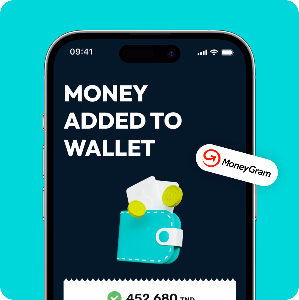 Smartphone screen showing 'Money added to wallet' and a wallet icon with coins and bills, MoneyGram logo.