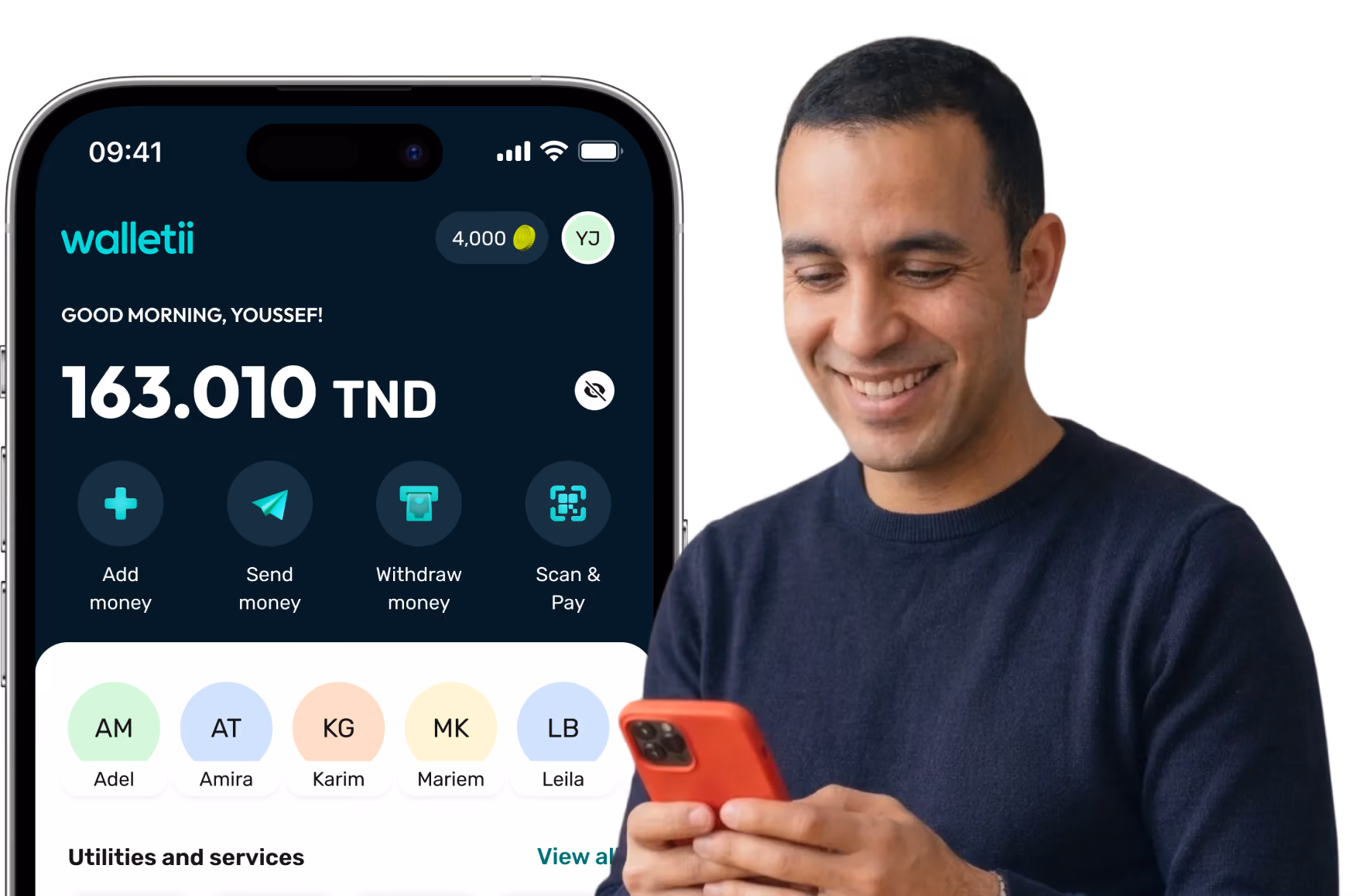 Man smiling while holding a red phone next to a phone screen showing 163.010 TND balance in Walletii app.