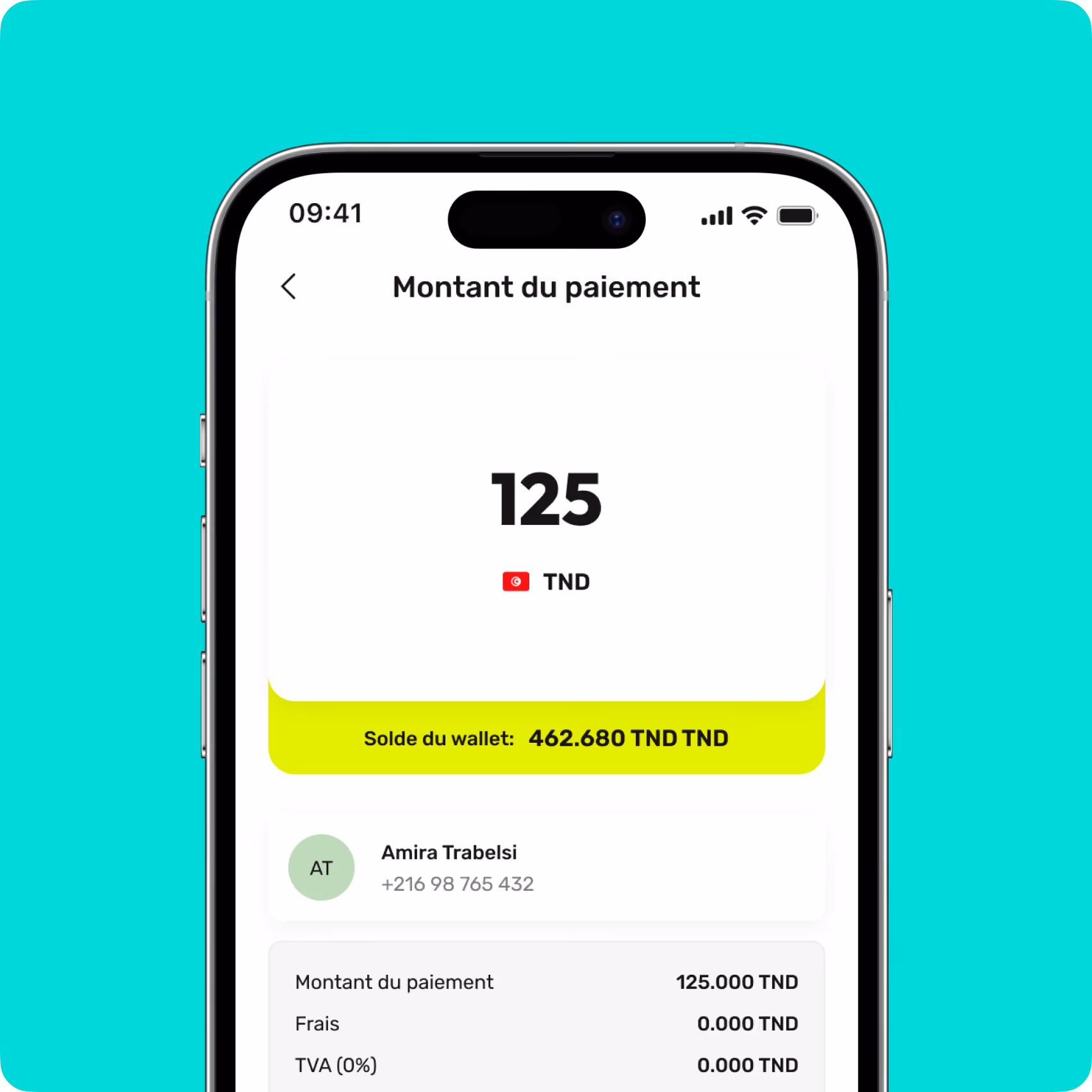 Mobile screen showing payment of 125 TND to Amira Trabelsi with wallet balance and fees details.