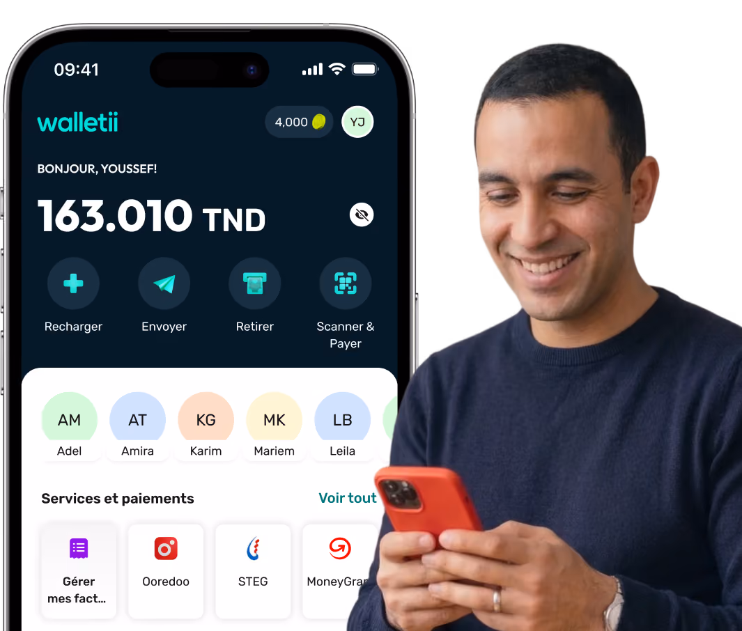 Smiling man holding a red phone with a Walletii app screen showing a 163.010 TND balance.