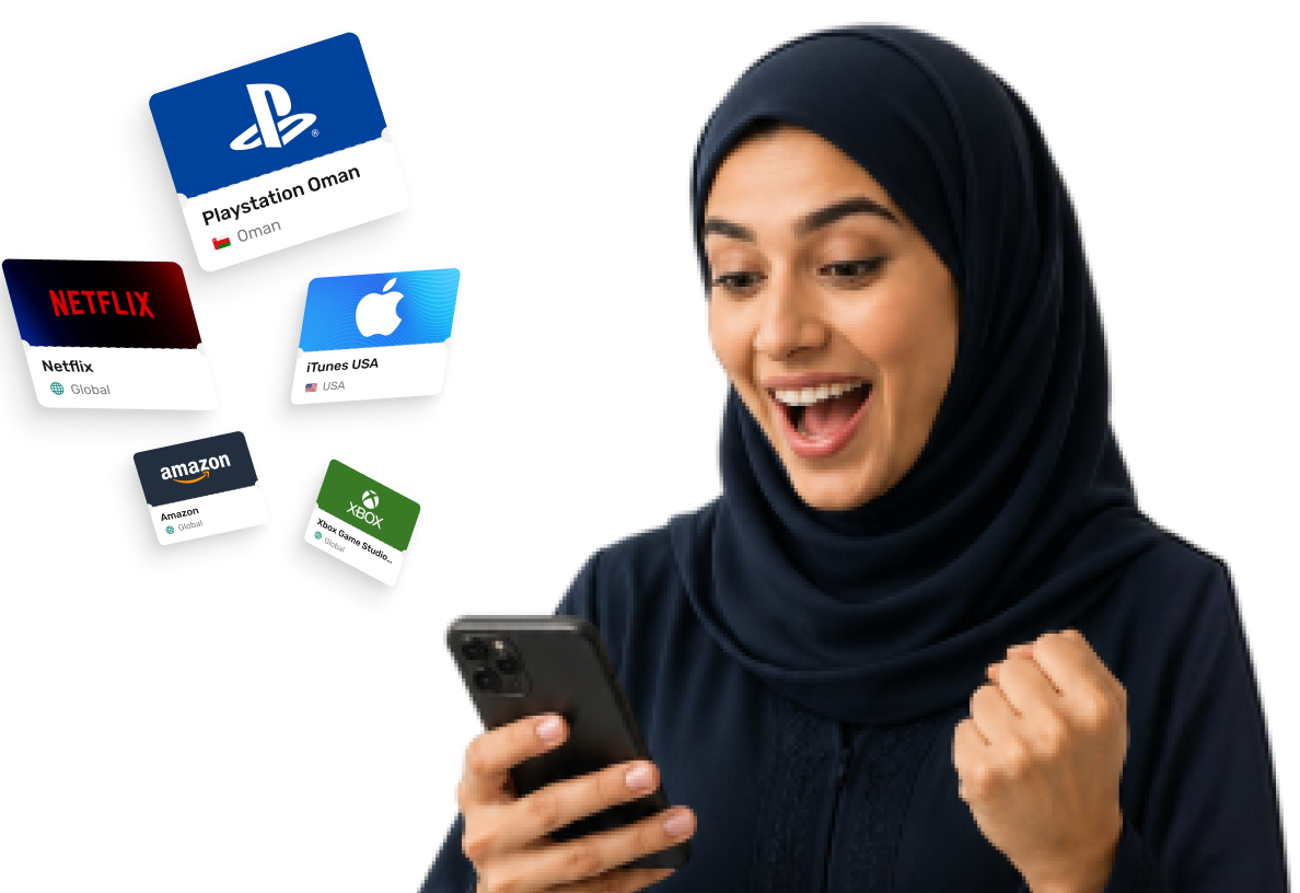 Woman in hijab excitedly looking at phone with floating gift cards from Netflix, PlayStation, Apple, Amazon, and Xbox.