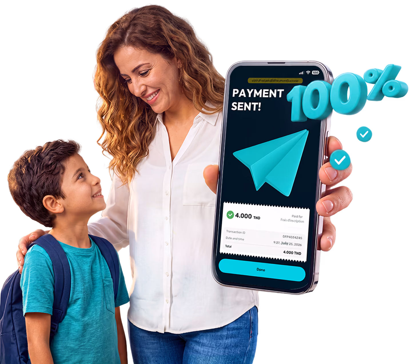 Woman smiling at a boy with backpack while holding phone showing payment sent confirmation screen.