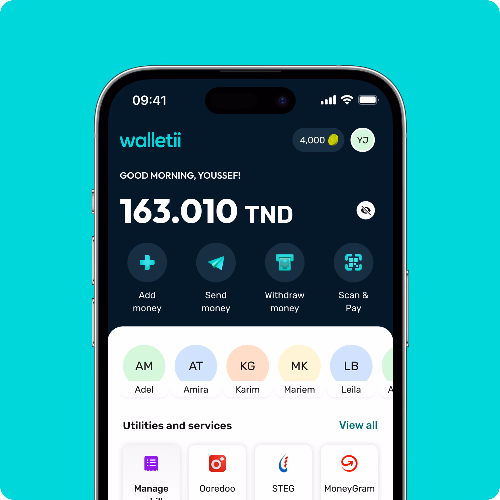 Walletii app screen showing 163.010 TND balance, options to add, send, withdraw money, and pay by scanning.