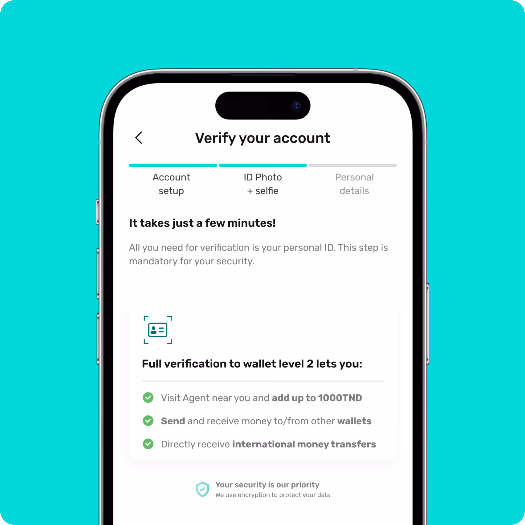 Mobile screen showing verification process for account with ID photo and selfie step highlighted.