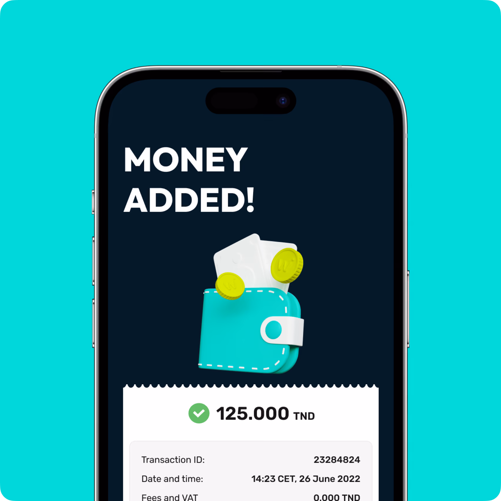 Phone screen showing confirmation of 125.000 TND added to wallet with transaction details.